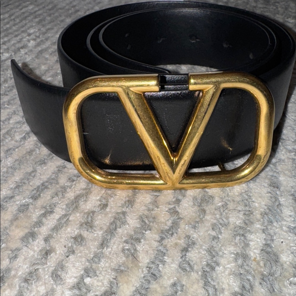 Authentic Valentino Black Leather Belt with Gold V Buckle